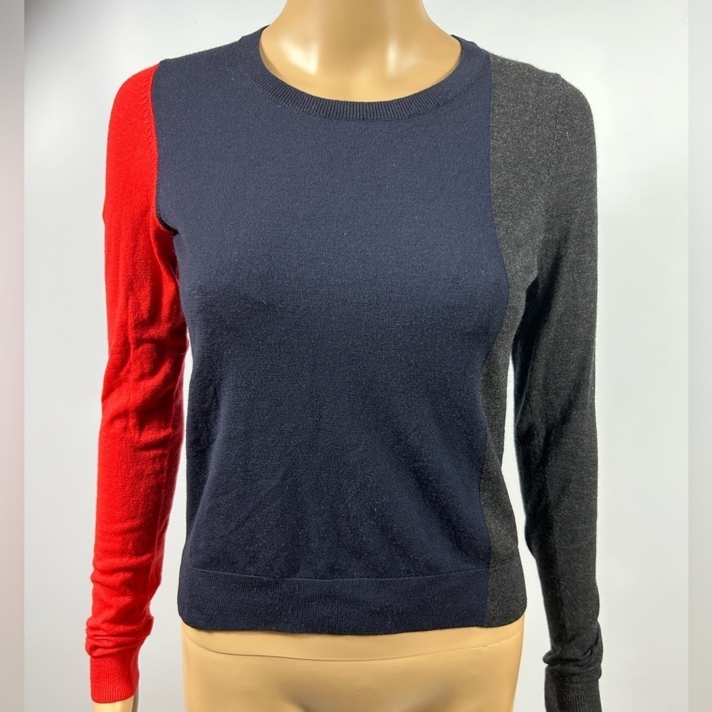 Theory Red/Navy/Grey Colorblock Academia Wool Blend Crewneck Sweater Size S